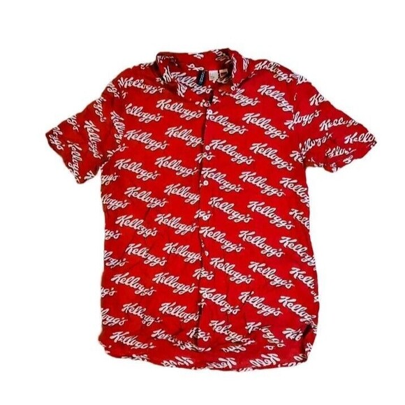 Kellogg's Button Shirt Men Medium Red Breakfast Cereal AOP Graphic Divided H & M - Picture 1 of 16